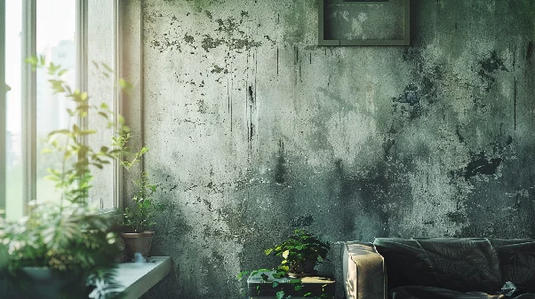 Mur délabré avec moisissure, plantes et lumière naturelle filtrante