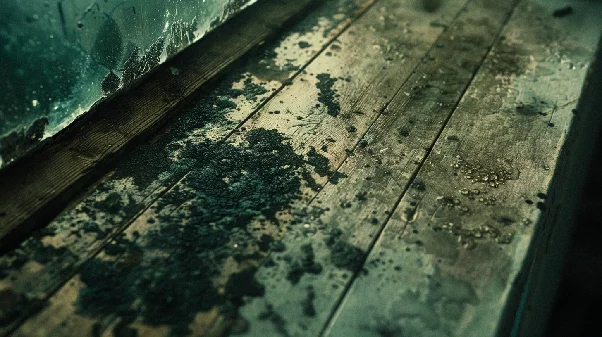 Black mould and moisture on a damaged window ledge