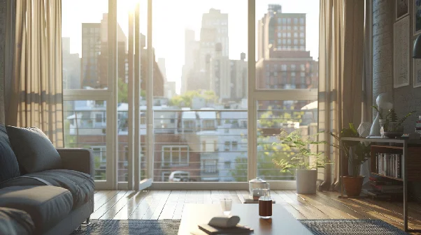 Bright living room with large windows overlooking a modern city